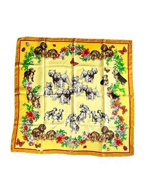 Versace Vintage Silk Scarf – Dogs, Florals & Butterflies